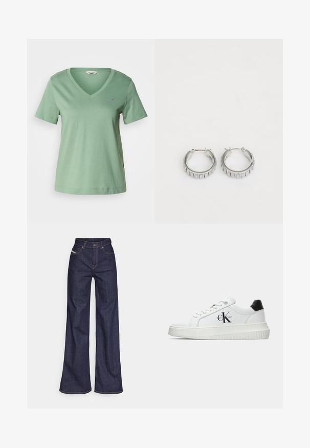 Zielona bawełniana koszulka z dekoltem w serek i krótki rękaw. Posiada małe haftowane logo na piersi oraz luźny krój.; Ciemnoniebieskie dżinsy szerokie w nogawkach wykonane z denimu, z wysokim stanem, z pomarańczowymi przeszyciami, pięcioma kieszeniami i zapięciem na guzik.; Białe sneakersy typu low-top z czarnym paskiem na pięcie, platformą, sznurowadłami i logo "CK" marki Calvin Klein na boku.; Srebrne kolczyki w kształcie obręczy o teksturowanym wzorze z pionowymi żłobieniami. Okrągły kształt z pewnym zapięciem. Gładkie wykończenie.