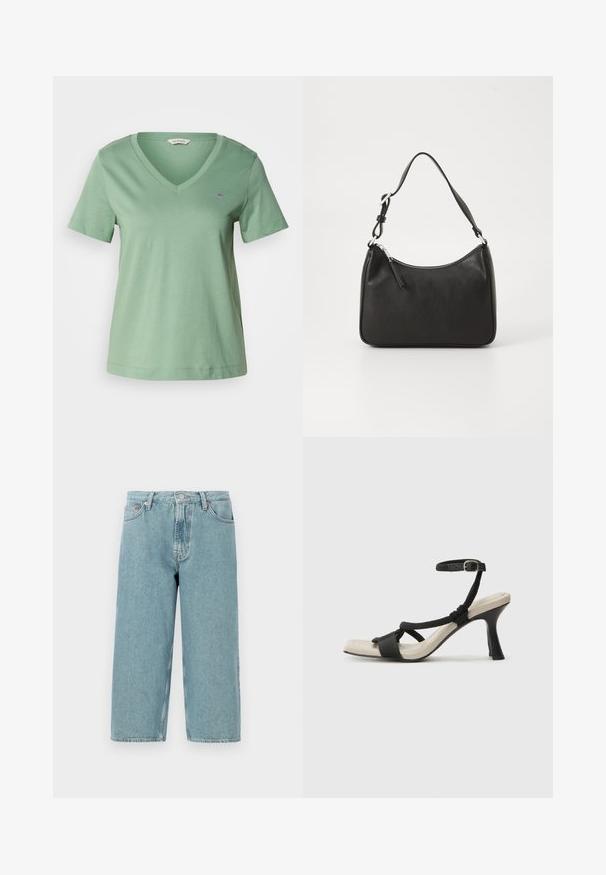 T-shirt de algodão verde com decote em V e mangas curtas. Apresenta um pequeno logótipo bordado no peito e um corte descontraído.; Shorts de denim azul claro com cintura alta, corte reto e bainha desfiada. Apresenta um fecho clássico de botão e zipper, além de quatro bolsos.; Sandal com salto alto preto e design de tiras trançadas, bico quadrado e tira de tornozelo ajustável. Sola em tom bege claro com um salto preto brilhante.; Mala de mão em couro preto com formato curvo, uma alça, fecho em zip e uma marcação discreta na frente. Textura suave, design minimalista.