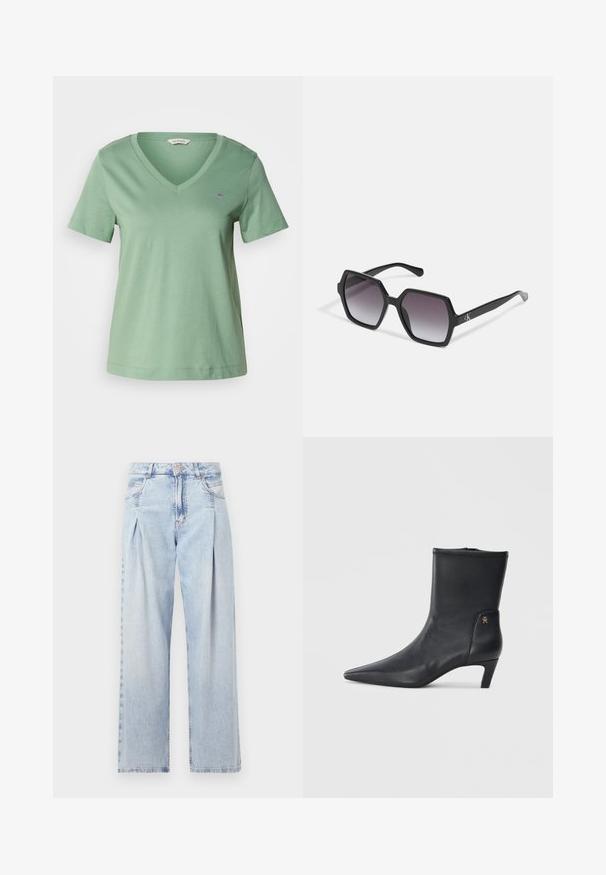 Zeleno bombažno majico s V-izrezom in kratkimi rokavi. Ima majhen vezen logo na prsih in ohlapen kroj.; Svjetloplave traperice visoko struka, širokog kroja, s dva bočna djepa i naboranim dizajnom. Mekana tekstura s izblijedjelim završetkom.; Črne usnjene gležnjarje s špičastim nosom in nizko peto. Imajo gladko teksturo in majhen zlati logotip na strani.; Črne heksagonalne sončna očala z gradientnimi lečami, s sijočo površino in diskretnim logotipom na robu. Trajna plastična zasnova.