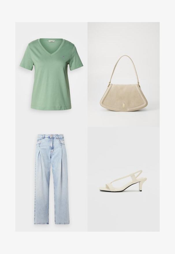 Grøn bomulds T-shirt med V-hals og korte ærmer. Har et lille broderet logo på brystet og en afslappet pasform.; Lyseblå denim jeans med høj talje, bred benåbning, to sidelommer og plisseret design. Blød tekstur med et falmet finish.; Beige blokhælede sandaler med tynde remme og en firkantet tå. Glat materiale med minimal detaljering, designet til nem brug.; Beige ruskinds håndtaske med en rund triangelform, en enkelt strop og en guldfarvet hardwaredetalje på fronten.