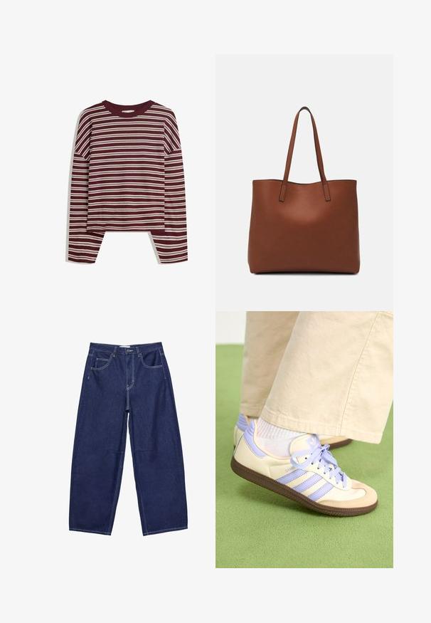 Burgundská dlouhá halenka s bílými vodorovnými pruhy. Obsahuje kulatý výstřih a boční rozparky na lemu pro uvolněný střih.; Tmavě modré džínové kalhoty širokého střihu s vysokým pasem, pěti kapsami a kontrastním bílým šitím. Hladký povrch, klasický design.; Krémové a levandulové tenisky se třemi pruhy a texturovanou hnědou podrážkou, vybavené tkaničkami a polstrovanou patou. Měkký textilní svršek.; Hnědá kožená taška přes rameno s hladkou texturou, otevřeným designem a dvěma ramenními popruhy. Obsahuje minimální švy a žádné viditelné kovové prvky.