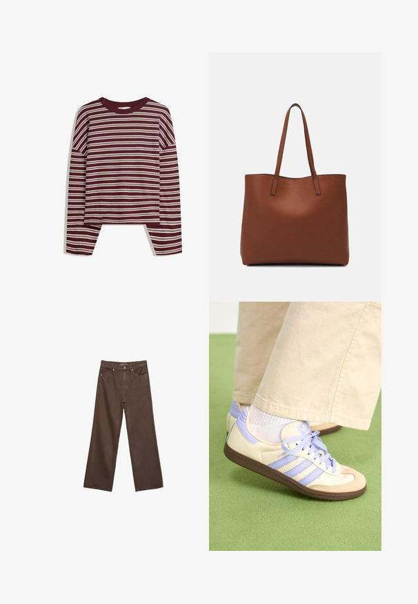 Burgunderfarbene Langarmbluse mit weißen horizontalen Streifen. Verfügt über einen runden Halsausschnitt und seitliche Schlitze am Saum für eine lockere Passform.; Weite braune Jeans aus Denim, mit hoher Taille, Fronttaschen und klassischem Knopfverschluss. Glatte Textur mit feinen Nähten.; Cremefarbene und lavendelfarbene Sneakers mit drei Streifen und einer strukturierten braunen Sohle, ausgestattet mit Schnürsenkeln und einer gepolsterten Ferse. Obermaterial aus weichem Stoff.; Braune Leder-Tote mit glatter Textur, offenem Oberteil und zwei Schulterriemen. Verfügt über minimale Nähte und keine sichtbaren Beschläge.
