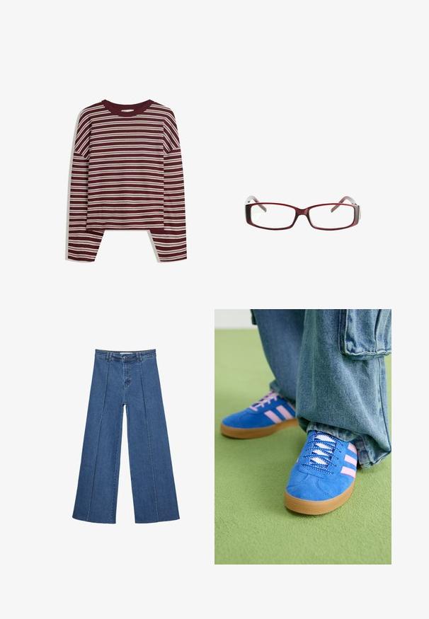 Burgundská dlouhá halenka s bílými vodorovnými pruhy. Obsahuje kulatý výstřih a boční rozparky na lemu pro uvolněný střih.; Džíny s širokými nohavicemi v středně modré barvě, se zvýšeným pasem, knoflíkovým zapínáním a kontrastními vertikálními švy vpředu.; Modré semišové boty s růžovými pruhy a bílými tkaničkami, vybavené gumovou podrážkou, spárované s volnými džínovými kalhotami na zeleném povrchu.; Červené obdélníkové brýle s elegantním designem. Průhledné čočky, mírně průsvitné stranice a přechodový efekt z červené do šedé.