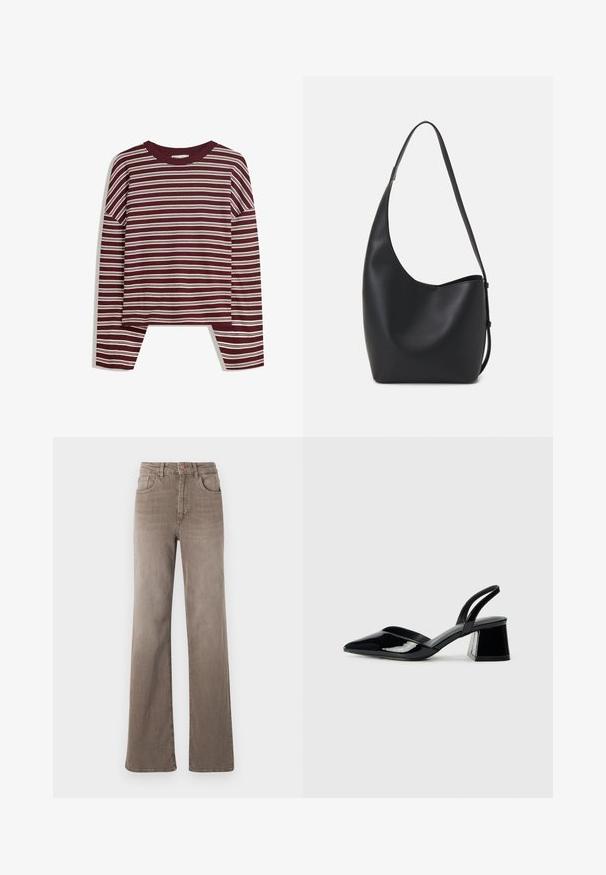 Bordo dukserica dugih rukava s bijelim horizontalnim prugama. Ima okrugli izrez i bočne proreze na rubu za opušteni kroj.; Smeđe traperice visokog struka ravnog kroja s prednjim gumbom, petljama za pojas i klasičnim dizajnom od pet džepova na bijeloj pozadini.; Crne lakirane kožne sandale s otvorenom petom i špicastim vrhom, s geometrijskom blok petom. Imaju elegantan, minimalistički dizajn i glatku teksturu.; Crna kožna hobo torba s glatkom teksturom, zakrivljenim oblikom i jednom podesivom trakicom; ima širok otvor na vrhu.