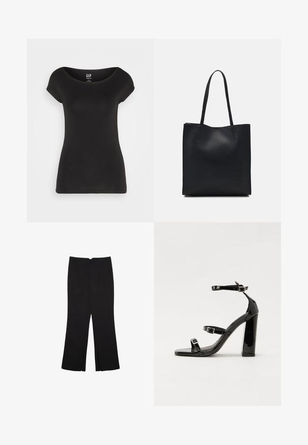 Čierne priliehavé tričko s krátkym rukávom a širokým výstrihom. Vyrobené z jemnej bavlnenej látky, má štítok na zadnej strane s názvom značky.; Čierne nohavice so strihom rovného strihu, s prednými vreckami a bočnými rozparkami na leme. Vyrobené z mäkkej, hladkej tkaniny. Vhodné na rôzne príležitosti.; Čierne lakované sandále na podpätku so štvorcovou špičkou, navlečenými remienkami okolo členku a striebornými prackami. Disponujú masívnym blokovým podpätkom pre stabilitu.; Čierna kožená taška na rameno s hladkým povrchom, obdĺžnikovým tvarom a dvoma dlhými uchami. Bez viditeľného kovania alebo ozdôb.