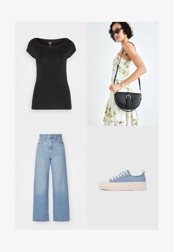 Black short-sleeve fitted T-shirt with a wide scoop neckline. Made of soft cotton fabric, features a tag on the back with brand name.; Light blue high-waist wide-leg jeans with front button and zip closure, front and back pockets, on a white background.; Light blue canvas sneakers with a cream rubber toe cap and outsole, featuring white laces and a pull tab on the heel.; Black leather handbag with a curved shape, detachable strap, and gold hardware. The bag features a flap with a buckle detail.