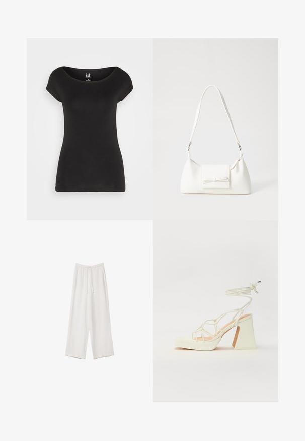 Sort kortærmet tætsiddende T-shirt med bred scoop-halsudskæring. Lavet af blødt bomuldsstof, med et mærkat på ryggen med brandnavnet.; Hvide bukser med bred benlængde lavet af et letvægtsstof. Har et elastisk talje med snor og sidelommer. Glat tekstur.; Hvide højhælede sandaler med en kraftig hæl, der har et stropdesign og ankelbinding. Glat tekstur med en platform foran for ekstra højde.; Hvid syntetisk håndtaske med en trekantet form, flad forsideklap og sløjfedetalje, justerbar strop, glat tekstur og minimalistisk design.