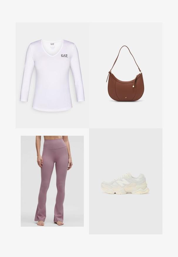 Fehér, hosszú ujjú felső V-nyakú kialakítással. Bal oldalon fekete EA7 logóval. Simább, könnyű anyagból készült, testhezálló szabással.; Magas derekú, harang szabású leggings poros rózsaszínben, sima, rugalmas anyagból, tiszta varrásokkal és látható fémalkatrészek nélkül.; Könnyű sportcipő, amely hálós és velúr felsőrésszel rendelkezik, lágy krémszínű árnyalatokban, vastag talppal és háromdimenziós díszítésekkel.; Barna műbőr válltáska ívelt formával, minimális varrással és arany színű kiegészítőkkel. Jellemzője a felső cipzáras záródás és állítható pánt.