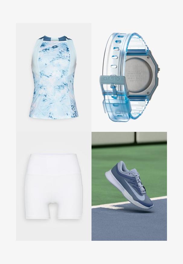 Kergelt sinise värvusega varrukateta sporttop, millel on tekstuuriga abstraktne muster. Omab ümarat kaelust ja logo keskel.; Valged kõrge vöökohaga lühikesed püksid, mis on valmistatud venivast kangast. Omab siledat tekstuuri ja mugavat lõiget, ilma lisamustrideta või -detailideta.; Spordijalatsid helesinises ja tumesinises värvitoonis, millel on tekstuuriga pealis, lame nööridega ja kerge valge tallaga. Üles tõstetud väljakupinna kohal.; Casio digitaalne kell, millel on läbipaistev sinine silikoonrand ja kaheksanurkne hall tagumine külg, klamber, mis näitab minimalismi.