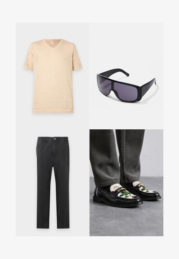 Bež majica kratkih rukava s V-izrezom, napravljena od lagane, teksturirane tkanine; ima opušten kroj i minimalne detalje šivanja.; Crne hlače s elastičnim pojasom, ravnim prednjim dijelom, dva bočna džepa i dekorativnim šavovima. Bez vidljivih uzoraka ili detalja hardvera.; Crne kožne mokasinke s dekorativnim gornjim dijelom od zelene i bijele tekstilne tkanine. Sadrži zlatnu lančanu akcentaciju i teksturiranu crnu potplat.; Crne sunčane naočale s dizajnom koji se omotava oko glave, tamno obojeni leće, glatki plastični okvir i diskretno brendiranje na sljepočnici.