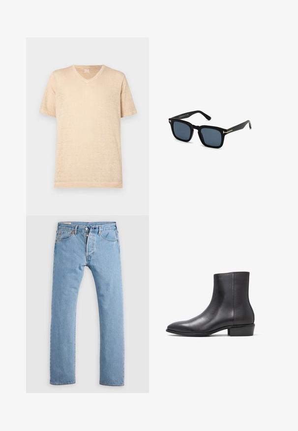 Beige, kurzärmliges V-Ausschnitt T-Shirt aus leichtem, strukturiertem Stoff; verfügt über eine lockere Passform und minimale Nähtigkeitsdetails.; Hellblaue gerade geschnittene Jeans aus Denim mit Knopfverschluss, Gürtelschlaufen sowie Vorder- und Hintertaschen, auf einem weißen Hintergrund präsentiert.; ALDO PILLOWWALK+FLEX INSIDE ZIP AMUR - Stiefelette - open black; Schwarze quadratische Sonnenbrillen mit dunklen Gläsern, mattem Finish und goldenen Metallakzenten an den Bügeln, die ein minimalistisches Design aufweisen.