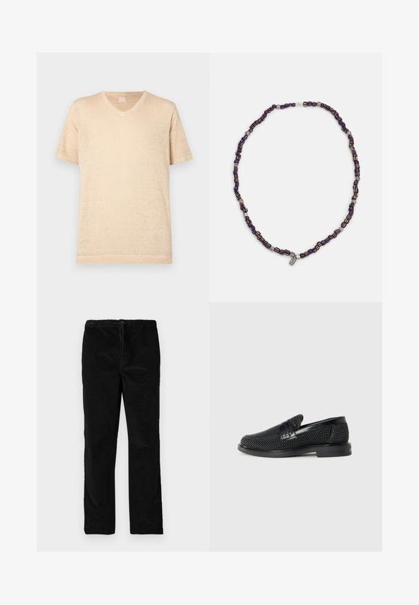 Beige T-shirt met korte mouwen en V-hals, gemaakt van lichte, gestructureerde stof; heeft een losse pasvorm en minimale stikseldetails.; Zwarte rechte fluwelen broek met elastische tailleband en voorste trekkoord, gepresenteerd tegen een eenvoudige witte achtergrond.; Zwartegeweven instap schoenen met een glad leren accent aan de bovenkant, een ronde neusontwerp en een laag profiel rubberen zool.; Multikleurige kralenketting met donkerblauwe, rode en gele kralen, afgewisseld met zilveren accenten en een hangende charme.