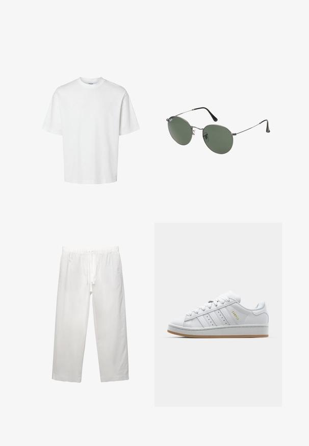 T-shirt bianco in cotone con maniche corte, scollo rotondo e vestibilità rilassata. Texture liscia senza pattern o dettagli visibili.; Next REGULAR FIT - SHORT SLEEVE STRIPE - Camicia - white sage green; Pantaloni bianchi in lino con cintura elastica e cordoncino, design a gamba ampia e cuciture pulite. Texture liscia con vestibilità casual.; Sneaker bianca con design a tre strisce perforate, dettagli testurizzati, suola in gomma e logo "CAMPUS" in oro sul lato.; Occhiali da sole con montatura in metallo e lenti verdi ovali. Montatura sottile in metallo argento e terminali neri. Design minimalista, senza loghi visibili.