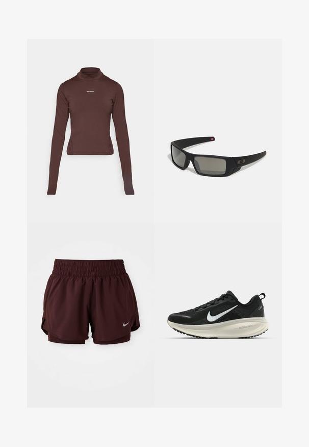 Brązowa, dopasowana koszulka z długim rękawem i golfem, z małym białym logo "Salomon" umieszczonym na środku klatki piersiowej na białym tle.; Burgundowe szorty sportowe z elastycznym pasem, bocznymi rozcięciami i odblaskowym srebrnym logo w dolnym lewym rogu. Lekki materiał.; Czarna biegowa półbut z oddychającej siateczki, białym logo swoosh, teksturowanymi detalami oraz kremową podeszwą środkową ZoomX.; Czarne okulary przeciwsłoneczne z matowym wykończeniem, prostokątne soczewki, lekko wygięte zauszniki, subtelny detal z logo oraz szkła w odcieniu dymnym.