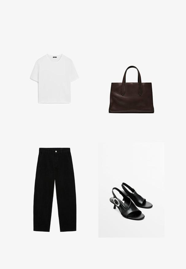 Hvid cropped t-shirt med rund hals og korte ærmer, lavet af blødt bomuldsstof. Glat tekstur, ingen mønstre eller detaljer.; Sorte kordfløjspants med et bredbenet design, der har sidelommer og en lukning med frontknap. Teksturen er ribbet, hvilket giver en blød fornemmelse.; Sorte læder slingback sandaler med åben tå, lav hæl og sølv cirkulært hardware-indsats på siden. Glat tekstur og enkelt design.; Brun læder tote bag med to forlængede håndtag, struktureret rektangulær form, glat overflade og subtile syninger.