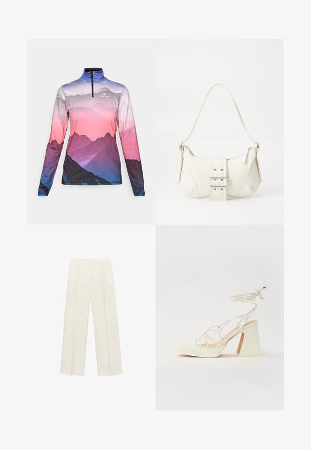 Długi rękaw bluzki zapinanej na zamek z nadrukiem krajobrazu górskiego w odcieniach fioletu, różu i niebieskiego, z logo "FIRE+ICE" na klatce piersiowej.; Spodnie o szerokich nogawkach w jasnym kolorze kremowym. Wykonane z gładkiego materiału, z plisami z przodu i bocznymi kieszeniami.; Biała sandał na wysokim obcasie z masywnym słupkiem, z paskowym wzorem i wiązaniem przy kostce. Gładka faktura z platformą z przodu dla dodatkowej wysokości.; Biała torebka na ramię o fakturowanym wykończeniu, z centralnym akcentem w postaci klamry i zaokrąglonym kształcie. Zapięcia na zamek błyskawiczny po obu stronach.