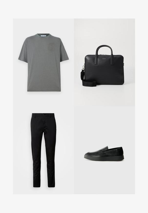 Grijze katoenen t-shirt met een ronde hals, korte mouwen en een klein, subtiel logo aan de voorkant. Eenvoudig ontwerp met een ontspannen pasvorm.; Zwarte broeken met een slim fit, gemaakt van gladde stof. Voorzien van een tailleband met knoopsluiting en recht gesneden benen.; Calvin Klein HYBRID CUP - Instappers - triple black; Zwart leren aktetas met een gestructureerde afwerking, dubbele handgrepen, afneembare schouderriem en een logo-detail aan de voorkant. Ritssluiting.