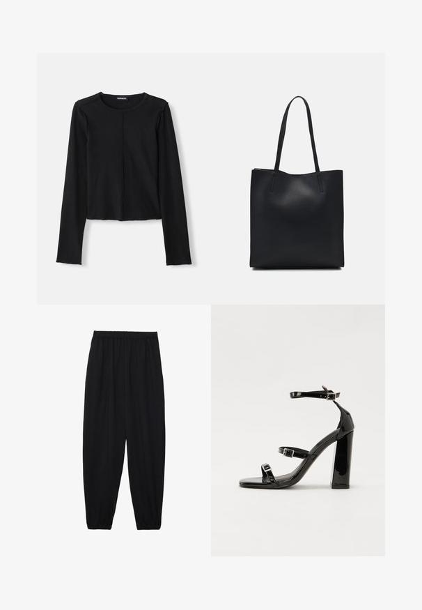 Haut noir à manches longues côtelé avec un col rond et un design court, présentant des bords bruts et une couture centrale à l'avant. Fabriqué à partir d'un matériau extensible.; Pantalons noirs légers avec une taille élastique et des chevilles froncées. Le tissu est lisse et présente un design décontracté et fuselé.; Sandales à talons hauts en cuir verni noir avec deux brides à boucles, bout carré et talon bloc épais, présentant une texture lisse et brillante.; Sac fourre-tout en cuir noir avec une texture lisse, de forme rectangulaire et deux longues poignées. Pas de matériel ou d'ornementations visibles.
