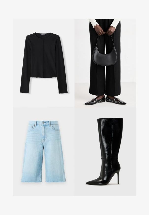 Crna rebrasta majica dugih rukava s okruglim izrezom i skraćenim dizajnom, s neurezanih rubovima i središnjim šavom sprijeda. Izrađena od rastezljivog materijala.; Svijetloplave traperice kratke hlače s opuštenim krojem, raspadnuto rub, pet džepova i metalnim dodacima. Klasičan dizajn traperica s blagim izblijeđenjem.; Crne kožne čizme do koljena s oštrim vrhom i visokim stiletto potpeticama. Glatka tekstura i sofisticirani dizajn, s minimalnim detaljima.; Crna kožna torba preko ramena zaobljenog oblika, s sjajnom završnom obradom i srebrnim hardverom. Osoba nosi crne hlače širokog kroja i loaferice sa studovima.; Set srebrnih naušnica koje sadrže razne dizajne: kružne, naušnice s dugmetom i viseće stilove, s lopticama i oštrim elementima.
