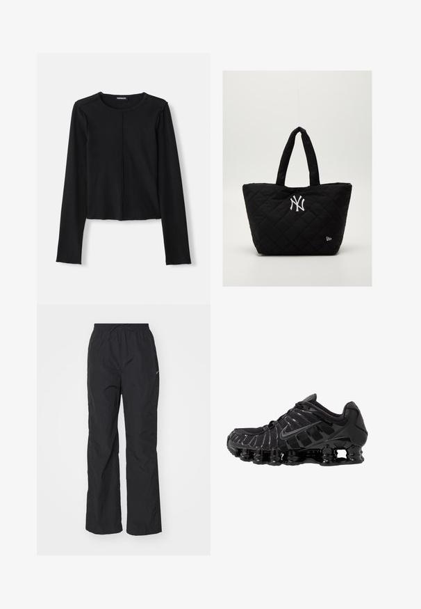 Black ribbed long-sleeve top with a round neckline and cropped design, featuring raw edges and a central front seam. Made from a stretchy material.; Black, lightweight pants with an elastic waistband and drawstring. Features a textured finish and a small reflective logo on the side.; Black athletic shoe with mesh upper and glossy overlays. Features curved coil cushioning and textured lines on the side. Nike logo visible.; Quilted black tote bag with double handles, featuring a white New York Yankees logo and a small brand emblem on the side.