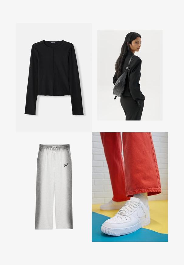 Haut noir à manches longues côtelé avec un col rond et un design court, présentant des bords bruts et une couture centrale à l'avant. Fabriqué à partir d'un matériau extensible.; Pantalon de survêtement gris clair avec un effet ombragé gris foncé dégradé. Taille élastique avec cordon de serrage. Petit logo noir sur la cuisse gauche.; Baskets blanches en cuir avec une boîte à orteils perforée, semelle texturée et lacets blancs, associées à un large pantalon rouge et un fond bleu et jaune.; Femme avec de longs cheveux foncés portant un costume noir, portant un sac à épaule en cuir noir, regardant par-dessus son épaule contre un fond blanc.