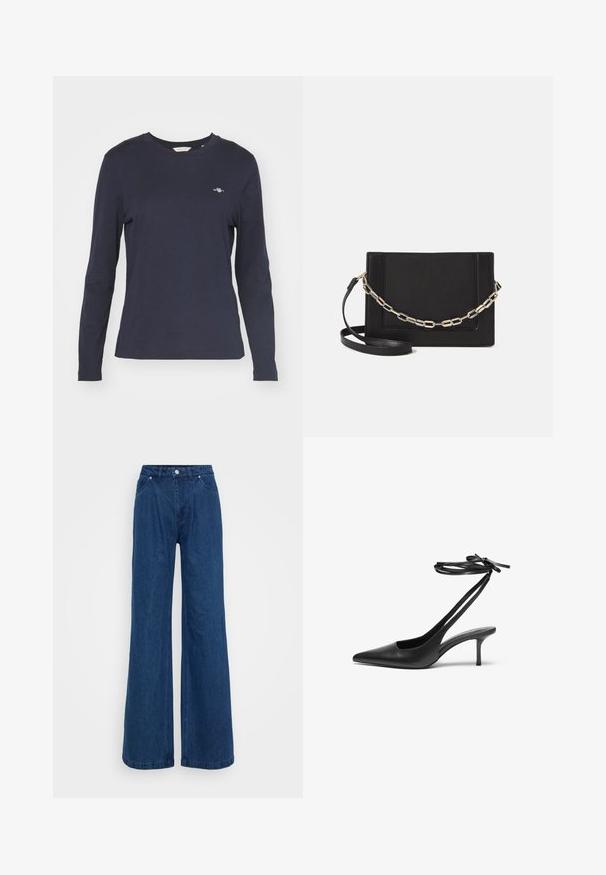Marineblå langærmet t-shirt lavet af bomuld, med rund hals og et lille logo på venstre bryst. Glat tekstur.; Bredbenede blå denimjeans med høj talje, frontknap og lynlås lukning, samt for- og baglommer på en ensfarvet baggrund.; Sorte læder stiletto sko med spids tå, åben bag, og ankelstropper bundet i en sløjfe. Slank 3-tommers hæl. Glat overflade, minimalistisk design.; Sort læder crossbody taske med en glat tekstur, rektangulær form og en metallisk kæde detalje foran. Justerbar skulderrem inkluderet.