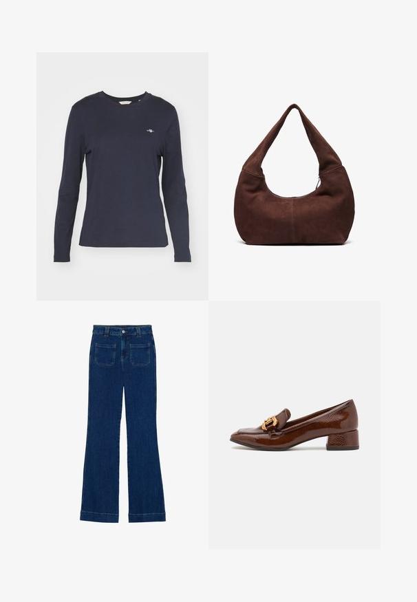 Maglietta a manica lunga blu navy in cotone, con collo girocollo e un piccolo logo sul lato sinistro del petto. Texture liscia.; Jeans a zampa d'elefante in denim di colore blu scuro, con una consistenza liscia, design a cinque tasche e chiusura a bottone in vita.; Mocassini in pelle marrone con finitura lucida, caratterizzati da una fibbia dorata decorativa sulla parte anteriore e un tacco basso a blocco. Design classico.; Borsa hobo in suede marrone con una maniglia curva e larga e un'ampia apertura. Tessuto morbido con dettagli di cucitura visibili lungo i bordi.