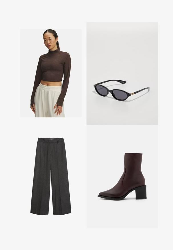 Bruine cropped lange mouwen top met een hoge hals, gemaakt van gladde stof, met een aansluitend ontwerp en subtiele stikdetails. Witte broek met een elastische taille.; Witte overhemd met lange mouwen, gestructureerde kraag en afgeronde zoom. Gemaakt van een gladde, effen stof zonder zichtbare patronen of accenten.; Lange broek met wijde pijpen in donkergrijze stof. Heeft een op maat gemaakte tailleband met riemlussen, een gladde textuur en minimale stiksels.; Zign LEATHER - Korte laarzen - bordeaux; Zwarte zonnebril met ovale glazen, donkere verloop-tint en slanke pootjes met subtiele gouden accenten. Glad plastic afwerking.; Tommy Hilfiger LIBRE FLAP CROSSOVER - Schoudertas - deep rouge; Bordeaux leren portemonnee met een vouw-over ontwerp, gouden logo accent en een gladde textuur. Compact en rechthoekig van vorm.