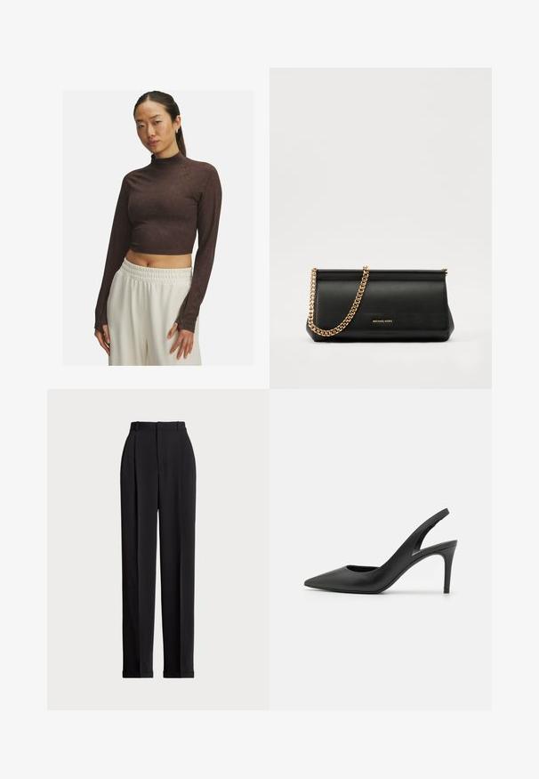 Brun cropped langærmet top med høj hals, lavet af glat stof, med en tætsiddende pasform og subtile syninger. Hvide bukser med elastisk talje.; Sorte skrædderbukser med høj talje, der har folder fortil, en lige benlængde og ombukket kant. Lavet af glat stof.; Sorte læder slingback høje hæle med spids tå-design, der har en udskæring fortil og en tynd stiletto-hæl.; Sort læder clutch taske med en guldkæde strop, der har en glat tekstur, rektangulær form og præget branding på forsiden.