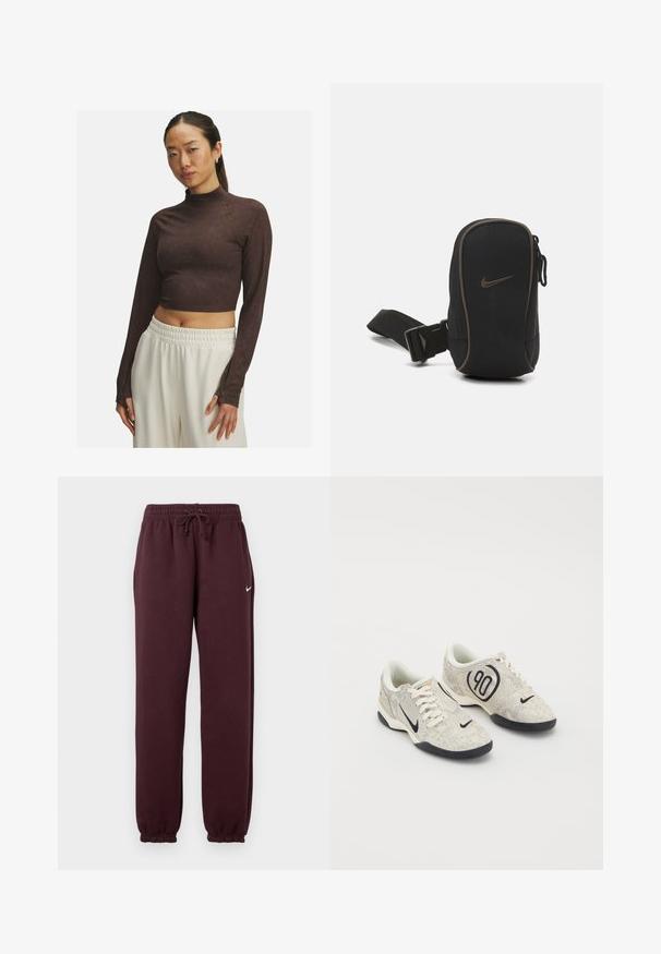 Brązowa krótka bluzka z długim rękawem i stójką, uszyta z gładkiego materiału, o dopasowanym kroju i subtelnych detalach w szwie. Białe spodnie z elastycznym pasem.; Bordowe spodnie dresowe z elastycznym paskiem i regulowanym trokiem. Wyróżniają się ściągaczami na dole nogawek oraz małym białym logo po lewej stronie.; Sneakers Nike z beżową i szaro teksturowaną cholewką, czarnymi akcentami, dużym logo "90" oraz białym wiązaniem. Czarna podeszwa.; Czarna saszetka Nike z zamknięciem na zamek, teksturowany materiał, brązowe akcenty i odczepiany pasek. Na przedzie widnieje wyraźne logo Nike.