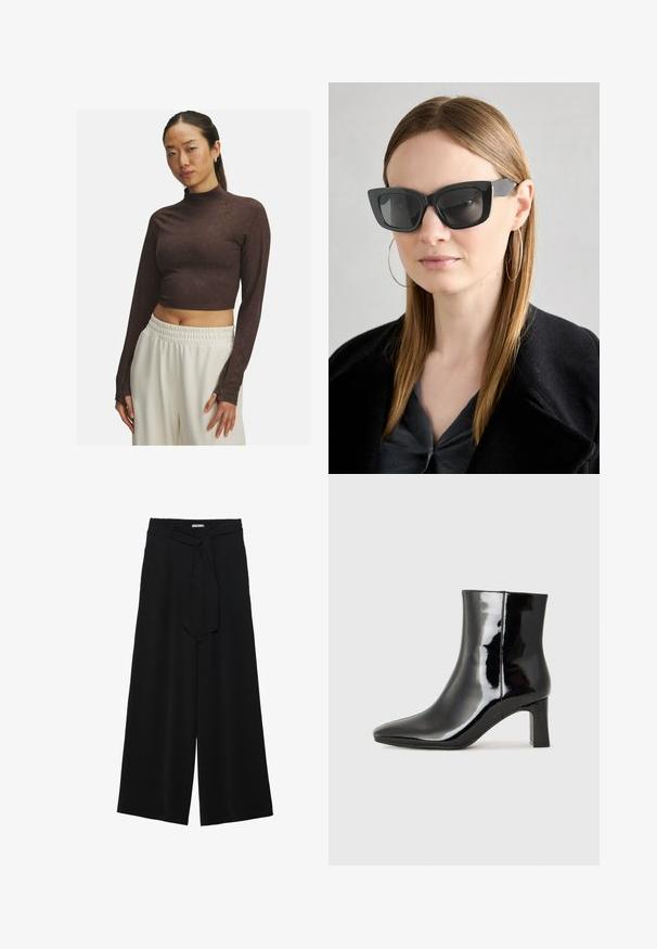 Bruine cropped lange mouwen top met een hoge hals, gemaakt van gladde stof, met een aansluitend ontwerp en subtiele stikdetails. Witte broek met een elastische taille.; Zwarte wijde broek van textuurstof, met een elastische tailleband en een afneembare sjaalstrik in de taille voor een verstelbare pasvorm.; Zwarte gepolijste leren enkellaars met een spitse neus en een blokhak van gemiddelde hoogte. Glad textuur en minimalistisch ontwerp.; Zwarte cat-eye zonnebril met donkere lenzen, dikke monturen en subtiele accenten. Draagt een zwarte jas en een grijze top, met lang stijl haar.