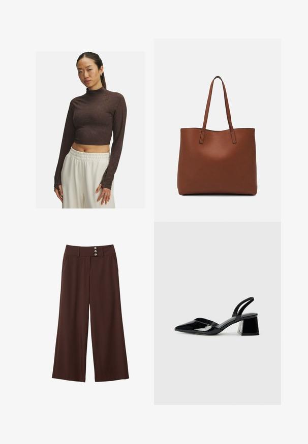 Brun cropped langærmet top med høj hals, lavet af glat stof, med en tætsiddende pasform og subtile syninger. Hvide bukser med elastisk talje.; Brune bredbensebukser lavet af glat stof, med to sidelommer og en talje med tre dekorative knapper.; Sorte patentlæder slingback hæle med spids tå og en geometrisk blok hæl. Har et elegant, minimalistisk design og en glat tekstur.; Brun læder tote taske med en glat overflade, åben topdesign og to skulderremme. Har minimal syning og ingen synlig hardware.