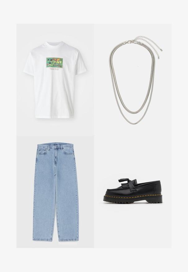 Hvid bomulds t-shirt med et farverigt, illustreret motiv af planter og frugter. Teksten nedenfor lyder "CREAM OF THE CROP CARHARTT WIP 1989."; Lyseblå denimjeans med straight leg-design, der har en mid-rise talje, fem lommer og en lukning med knap og lynlås.; Sort læderloafer med en frynsedetalje, der har en kraftig sort sål og gul syninger langs kanten. Teksturert overflade.; Tre-lags sølvmetal halskæde med slanke, flexible kæder med en let glans, sikret med en hummerlås og justerbar kæde.