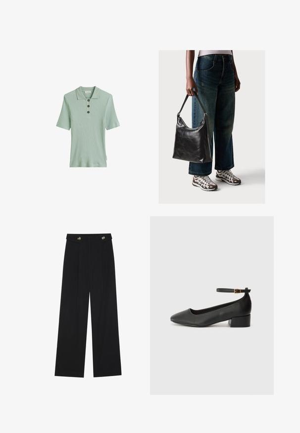 Világoszöld bordázott pólóing rövid ujjakkal, három sötét gombbal és klasszikus gallértervezéssel. Puha, textúrált anyagból készült.; Fekete, bő szárú nadrág magas derékkal, gombos részletekkel a derékrészen és elülső pliszékkal.; Fekete bőr magassarkú cipő hegyes orral és alacsony tömb sarkal. Bokapánttal rendelkezik, aranyszínű csattal. Simább textúra.; Fekete bőr válltáska sima textúrával és állítható pánttal, melyet elnyűtt, bő szárú farmernadrággal és sportcipőkkel párosítottak.