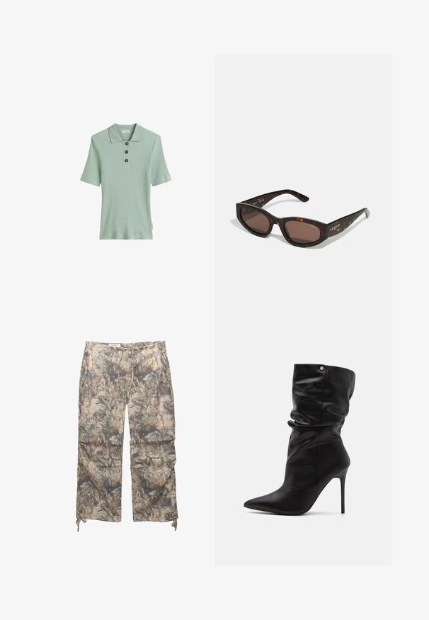 Svetlozelená rebrovaná polo košeľa s krátkymi rukávmi, tromi tmavými gombíkmi a klasickým dizajnom goliera. Vyrobená z jemnej, textúrovanej látky.; Nohavice s kamuflážovým vzorom vyrobené z ľahkého materiálu, s elastickým pásom, bočnými vreckami a nastaviteľnými šnúrkami na členkoch.; Even&Odd Wide Fit Členkové čižmy na vysokom opätku - black; Hnedé tortoiseshell slnečné okuliare s obdĺžnikovým tvarom, tmavohnedými šošovkami a zlatým logom "vogue" na straniciach.