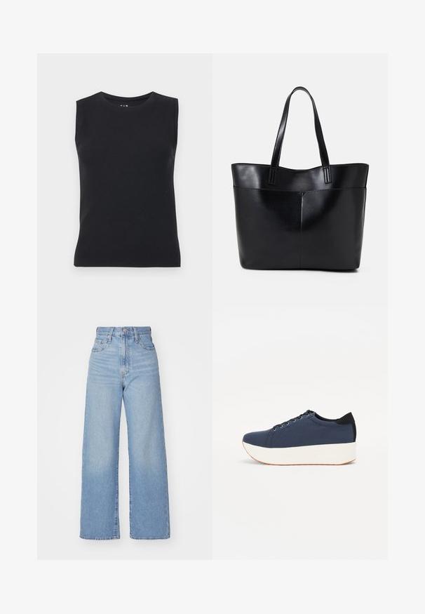 Top negru, fără mâneci, realizat din material rib. Are un guler rotund și o siluetă ajustată, cu margini nette și fără modele vizibile.; Jeans cu talie înaltă, de culoare albastru deschis, cu croială largă, dotate cu nasture și fermoar la față, buzunare în față și spate, pe un fundal alb.; Sneaker albastru închis, cu un material texturat pe partea superioară, talpă platformă albă, vârf rotunjit și accent de călcâi negru. Dispune de șase găuri pentru șireturi.; Geantă oversized din piele neagră, cu două mânere lungi, de textură netedă și formă structurată. Are un buzunar frontal pentru stocare suplimentară.