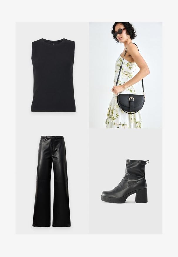 Svart, ermeløs topp laget av ribbet materiale. Har rund hals og en tettsittende silhuett med rene kanter og uten synlige mønstre.; Sorte høy midje vide ben bukser i imitert skinn med knapp foran, glidelås, beltehemper og sidelommer på hvit bakgrunn.; Svarte ankelstøvler laget av glatt lær, med glidelås på siden, chunky strukturert hæl, og rund tå-design.; Svart lærveske med en buet form, avtagbar stropp og gullbeslag. Vesken har et klaff med spenne-detall.
