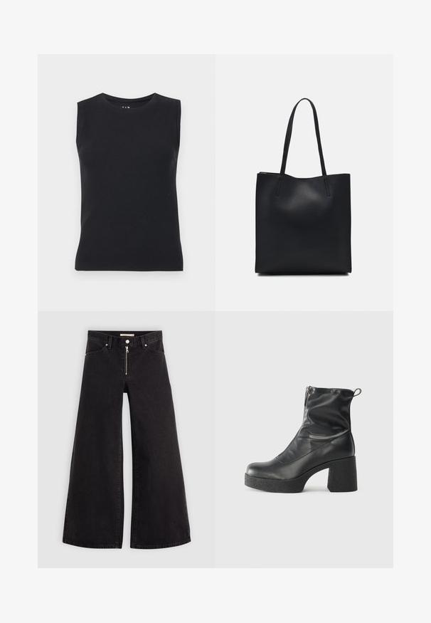 Juodas be rankovių marškinėlis, pagamintas iš įpjauto audinio. Turi apvalią kaklą ir prigludusią siluetą su švariais kraštais bei be matomų raštų.; Plačios kojų džinsai iš juodo džinsinio audinio su užtrauktuku priekyje, penkių kišenių dizainu ir subtiliais siuvinėjimo akcentais. Lygus paviršius ir laisvalaikio stilius.; Juodos kulkšninių botai, pagaminti iš lygaus odos, su šoniniu užtrauktuku, masyviu tekstūruotu kulnu ir apvaliu pirštu.; Juodas odinis tote krepšys su lygia tekstūra, stačiakampio formos ir dviem ilgais rankenomis. Matomų metalinių detalių ar puošybos nėra.