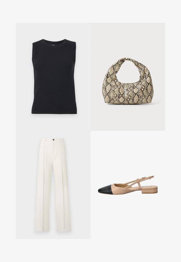 Black, sleeveless top made of ribbed material. Features a round neck and a fitted silhouette with clean edges and no visible patterns.; White, wide-leg trousers with a high waist, featuring two front pleats, a single button closure, and pockets. Smooth fabric texture.; Beige and black two-tone slingback shoe with a pointed toe, flat heel, and crisscross strap detail. Smooth leather texture.; Snake-print handbag with a curved handle. Made from textured, beige and brown materials, featuring a distinctive diamond pattern.