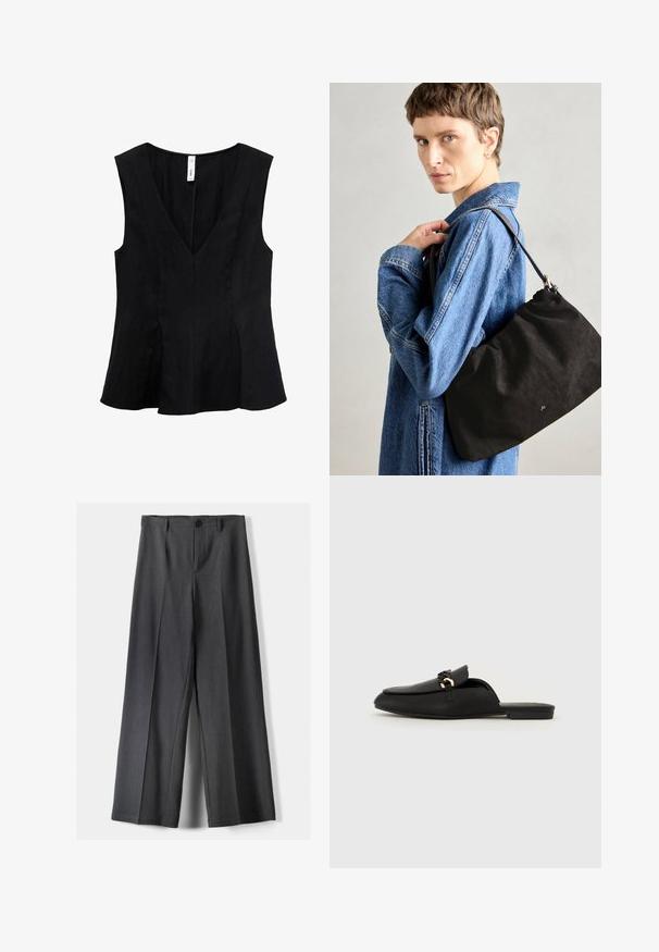 Top negru fără mâneci, cu decolteu în V, design evazat și textură netedă. Materialul pare moale, cu drapaj subtil.; Pantaloni evazați din țesătură gri închis, cu închidere cu buton, pliseuri frontale și curea. Textură netedă cu un design ajustat.; Pantofii negri, din piele netedă, cu slip-on. Prezintă un vârf rotunjit, o curea decorativă împletită și un mic accent auriu. Talpa este plată.; Geantă din suede neagră, cu o formă moale și structurată, având o curea subțire din piele și un logo subtil al mărcii. Modelul poartă o jachetă din denim.