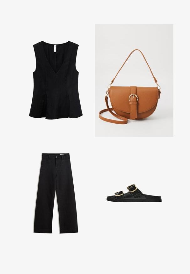 Sort ærmeløs top med V-udskæring, flagrende design og en glat tekstur. Stoffet virker blødt med subtile draperinger.; Sorte wide-leg denim bukser med høj talje, der har front- og baglommer, syede sømme og en knaplukning. Glat tekstur.; Sort skridsandal med to guldspænder, glat tekstureret materiale, flad sål og et minimalistisk design.; Brun læder crossbody taske med en buet form, guldfarvet hardware og en spændeaccent. Har en aftagelig skulderrem.