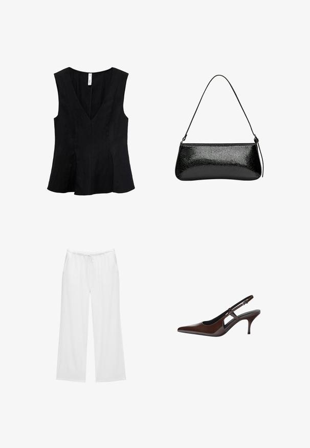 Crna bezrukavna majica s V-izrezom, lepršavim dizajnom i glatkom teksturom. Tkanina izgleda meko s blagim drapiranjem.; Bijele široke hlače izrađene od mekanog materijala, s elastičnom gumom u struku i vezicom, te dva bočna džepa. Jednostavan i uredan dizajn.; Smeđe lakirane kožne sandale s otvorenom petom, špicastim nosom i tankim potpeticama. Imaju podesiv remen s kopčanjem.; PULL&BEAR Ručna torba - black