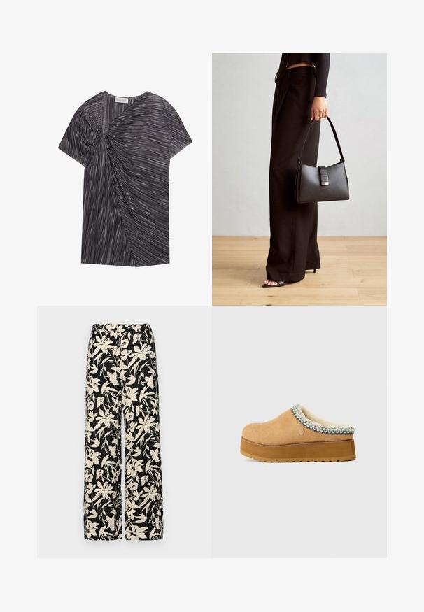 Kurze Ärmel, schwarz-weißes Oberteil mit einem strukturierten, asymmetrischen Design, das Falten und ein verdrehtes Frontdetail aufweist.; Schwarze weit geschnittene Hose mit einem cremefarbenen Blumenmuster. Hergestellt aus leichtem Stoff, mit einer glatten Textur und einem hohen Bund.; Brauner Slip-On-Clog mit strukturiertem Wildleder-Obermaterial, einem weichen Futter und einem bunten gewebten Akzent um den Kragen. Dicke Plattformsohle.; Schwarze Handtasche mit strukturierter Form, glatter Textur und einem metallischen Verschluss. Kombiniert mit weiten schwarzen Hosen und offenen Sandalen auf einem Holzboden.