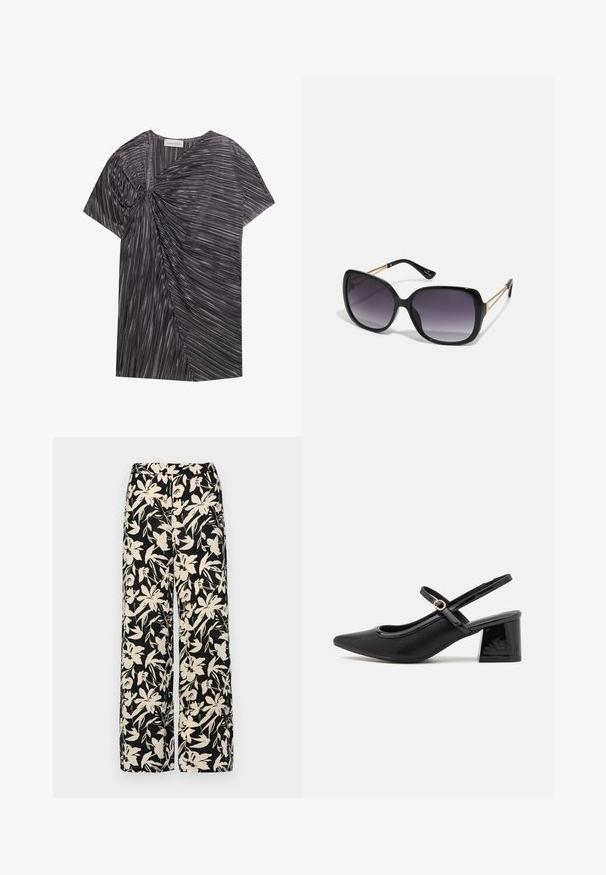 Kurze Ärmel, schwarz-weißes Oberteil mit einem strukturierten, asymmetrischen Design, das Falten und ein verdrehtes Frontdetail aufweist.; Schwarze weit geschnittene Hose mit einem cremefarbenen Blumenmuster. Hergestellt aus leichtem Stoff, mit einer glatten Textur und einem hohen Bund.; Schwarze Lackleder-Slingback-Absätze mit spitzer Zehenform, einem runden Ausschnitt-Design und einem Blockabsatz. Mit einem goldfarbenen Schnallenakzent.; Schwarze übergroße Sonnenbrille mit getönten Gläsern, dicken Rahmen und goldfarbener Kettendetaillierung an den Bügeln.; Schwarze Handtasche mit strukturierter Form, glatter Textur und einem metallischen Verschluss. Kombiniert mit weiten schwarzen Hosen und offenen Sandalen auf einem Holzboden.