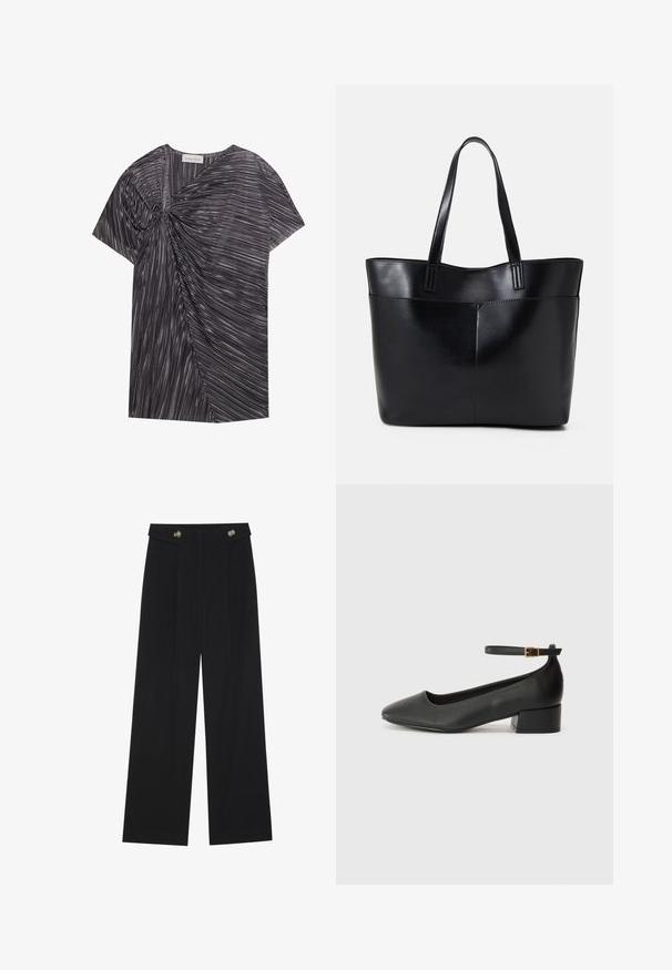Short-sleeved, black and white top with a textured, asymmetrical design featuring pleating and a twisted front detail.; Black wide-leg trousers with high waist, button details on waistband, and front pleats.; Black leather pump with a pointed toe and a low block heel. Features an ankle strap with a gold-tone buckle. Smooth texture.; Black leather tote bag with two long handles, a smooth texture, and a structured shape. Features a front pocket for additional storage.