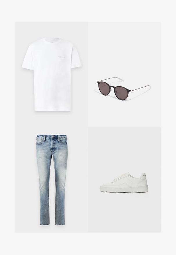 White cotton t-shirt with short sleeves, round neckline, featuring subtle gray logo print on the left chest area and smooth texture.; Light blue denim jeans with a faded finish, slim fit design, five pockets, and contrasting stitching at the seams.; White leather sneaker with a smooth finish, round toe, flat laces, and a textured sole. Features a subtle logo on the heel.; Black round sunglasses with dark lenses and slim metal arms. Includes clear temple tips and silver accents at the hinge. Minimalist design.