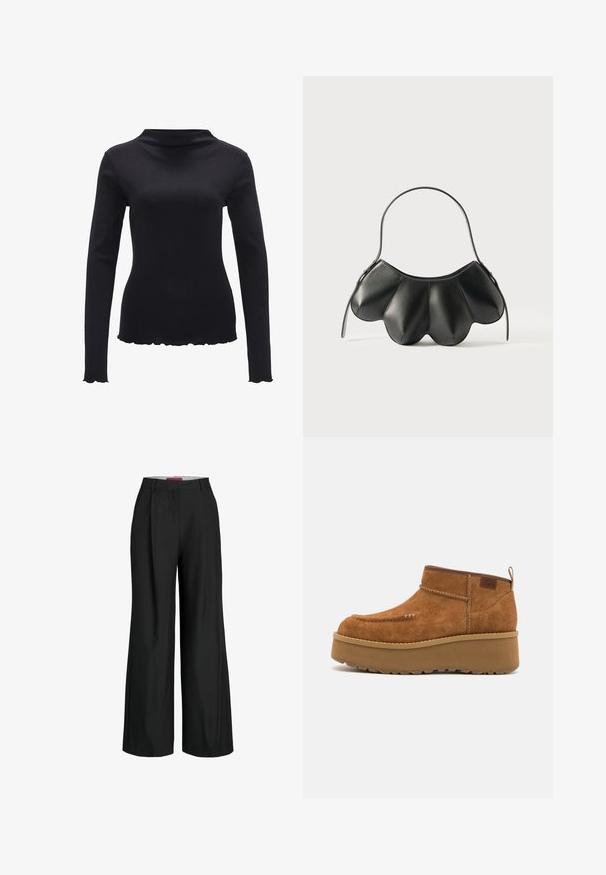 Schwarzes Langarmtop aus glattem Stoff mit einem Stehkragen und einem gewellten Saum. Keine sichtbaren Muster oder Hardware-Akzente.; Schwarze weit geschnittene Hose mit maßgeschneidertem Design, mit Falten und einer glatten Stoffstruktur. Klare Linien und keine sichtbaren Beschläge oder Akzente.; Braune Wildleder-Stiefeletten mit runder Zehenform, Plattformsohle und gesticktem Detail. Mit einem Ziehpull-Tab auf der Rückseite für einfaches Anziehen.; Schwarze Lederhandtasche mit einem geschwungenen, muschelförmigen Design, ausgestattet mit einem einfachen Trageriemen und einem Reißverschlussverschluss. Glatte Textur mit genähten Akzenten.