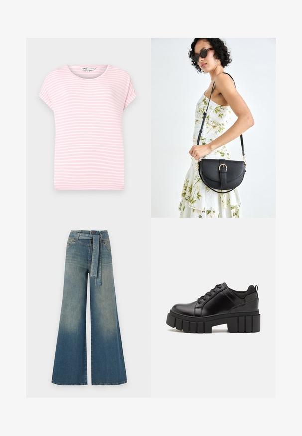 Tricou scurt cu mâneci roz deschis, cu dungi albe orizontale. Guler rotund, material moale și croială lejeră. Fără modele sau accente vizibile.; Pantaloni din denim largi, cu un gradient de la albastru deschis la albastru închis, talie înaltă, bucle pentru curea și o curea din același material. Finisaj texturat din denim.; Pantofi cu talpă plată din piele neagră, cu toc gros, vârf rotund și design tradițional cu șireturi. Prezintă o textură netedă și detalii minime.; Geantă din piele neagră, cu o formă curbată, curea detașabilă și accesorii aurii. Geanta are un capac cu un detaliu tip cataramă.
