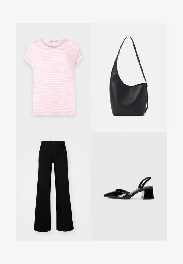 Svetloružové tričko s krátkym rukávom a bielymi horizontálnymi pruhmi. Okrúhly výstrih, mäkký materiál a voľný strih. Žiadne viditeľné vzory ani akcenty.; Čierne široké nohavice z denimu s pevným pásom, pútkami na opasok a prednými vreckami. Hladká štruktúra s klasickým dizajnom.; Čierne lakované kožené sandálové podpätky s špicatou špičkou a geometrickým blokovým podpätkom. Disponujú elegantným, minimalistickým dizajnom a hladkým povrchom.; Čierna kožená hobo taška so hladkou textúrou, zakriveným tvarom a jedným nastaviteľným popruhom; má široké otvorenie na vrchu.