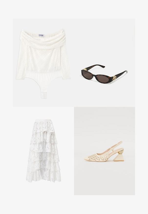 Valkoinen pitsimekko, jossa on olkaimeton kaula-aukko, kolmen neljänneksen hihat ja sileä alaosa. Sisältää monimutkaisia kukkakuoseja.; Hofmann Copenhagen EXCLUSIVE GENEVIVE - Toppi - off white; Valkoinen pitsihame, jossa on kerrostettu muotoilu ja aaltoilevat reunat. Materiaalissa on kukkakuvio ja tekstuuri, joka luo kerroksellisen ilmeen.; Bež sandle s perforiranim gornjim dijelom, uskim vrhom i kontrastnom trokutaškom petom koja ima zlatni naglasak. Glatka tekstura u cjelini.; Silmärilakkiset tortoiseshell-aurinkolasit, joissa on pitkänomaiset ovaalit linssit, ruskea sävy, kultaiset logo-koristeet temppeleissä ja sulavalinjaiset mustat varret.; Valkoinen kukallinen käsilaukku, jossa on kerroksellinen kangaspinta, kultasävyinen ketjuhihna ja metallikahva. Sisältää teksturoituja terälehtiä lisäyksinä.